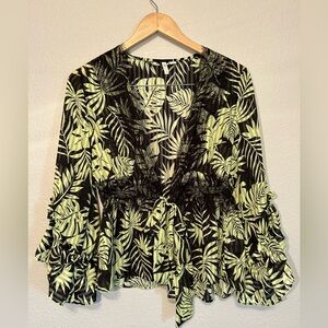 Chico’s XS Sheer Tropical Leaf Blouse Lace Trim Tie Waist Ruffle